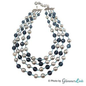 Vintage Marvella Blue Glass & Gray Faux Pearl Mid Century Multi Strand Necklace